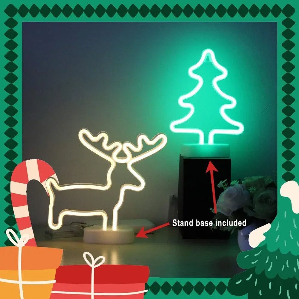 2 Packs Reindeer Tree Green Neon Wall Décor Lights USB and Battery Powered